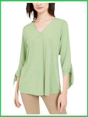 Alfani Tie-Sleeve Green Pull Over Top Blouse